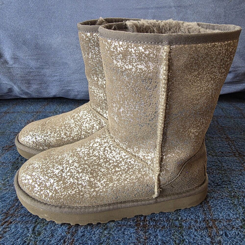 Ugg Classic Gray Charcoal Sparkle Glitter Lined Boots Womens Size 7